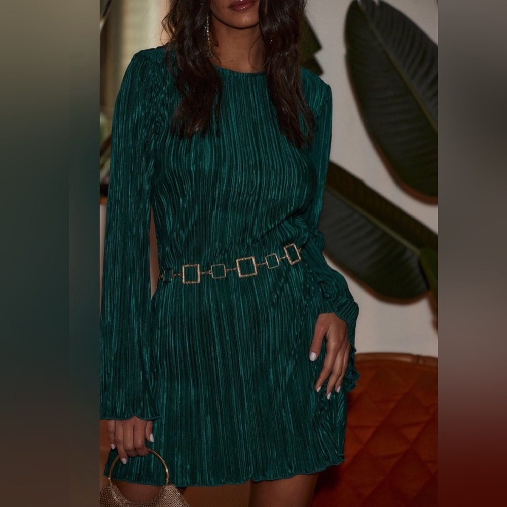 12th Tribe Tate Emerald Plisse Mini Dress